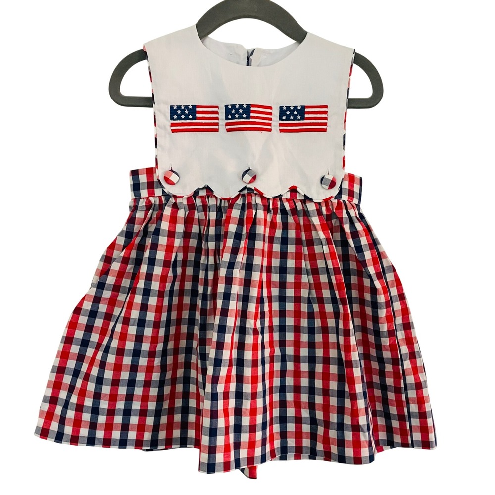 Girls Red White Blue Plaid Summer Dress with Flag Appliqué